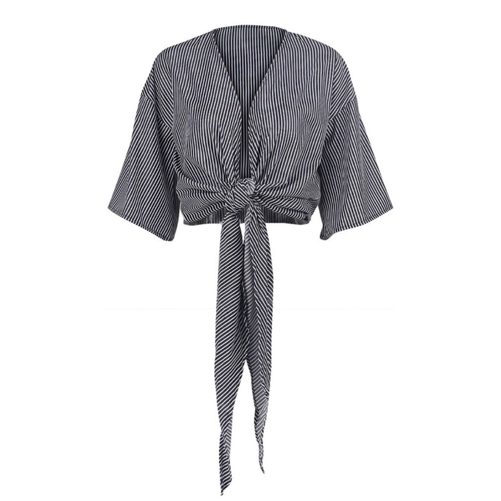 Striped Tie Front Short Sleeve Cropped Blouse - Picture 7 of 8
